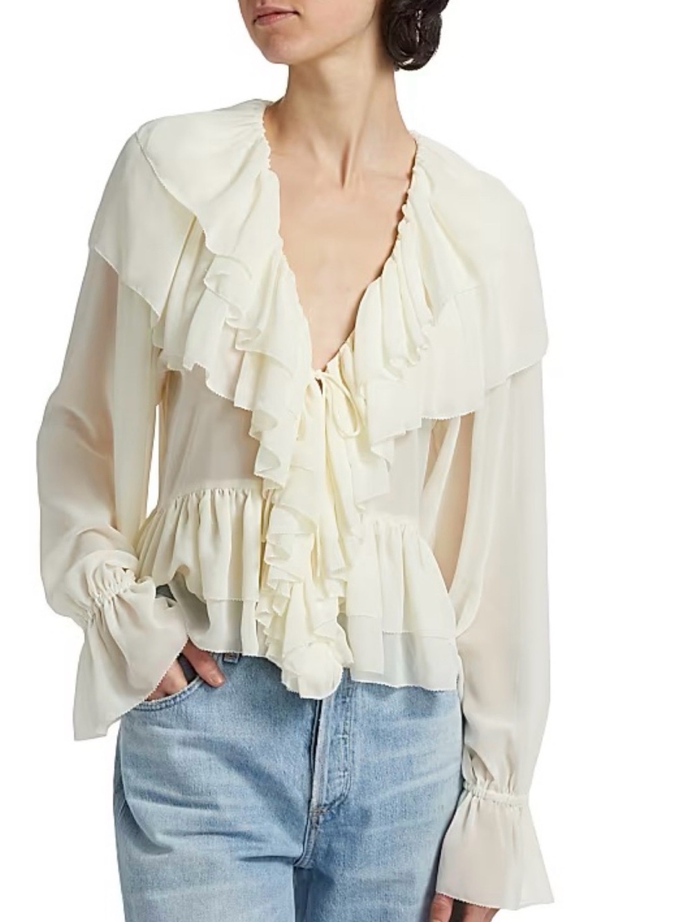 Torn by Ronny kobo Ruffled Tie-Front Blouse -
Ivory